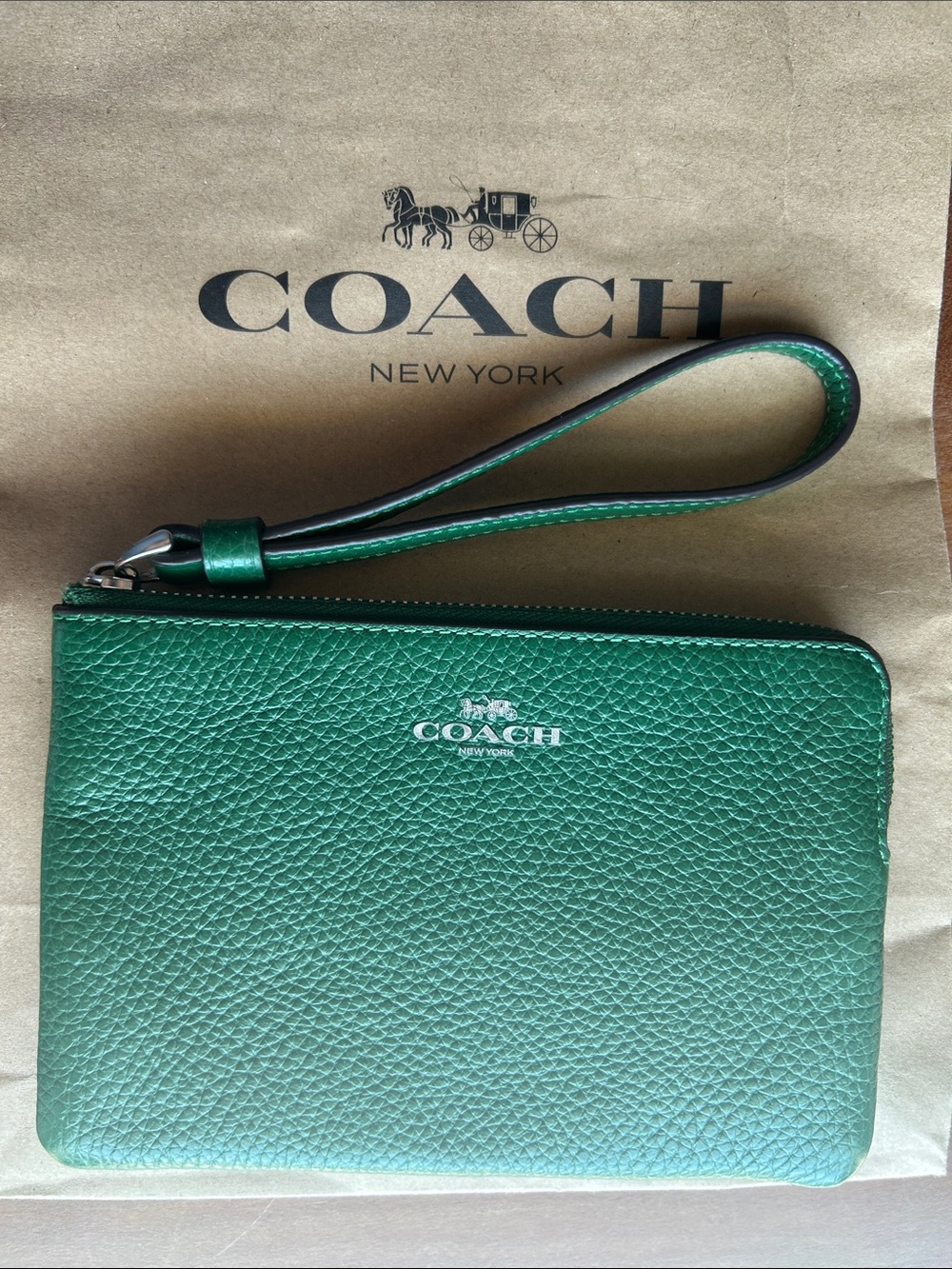 COACH Green Wristlet Pebbled Leather